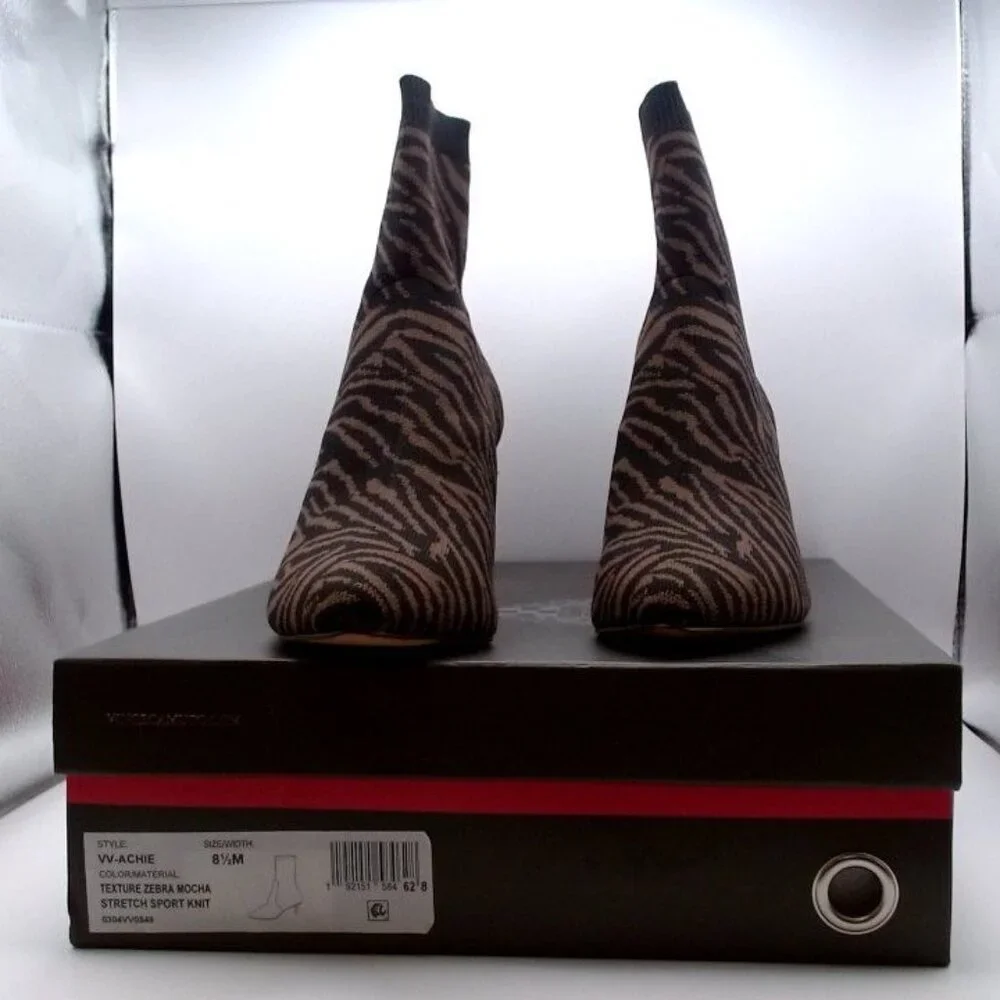 Vince Camuto “Achie” Zebra Mocha Stretch Knit Pointed Ankle Boots NEW